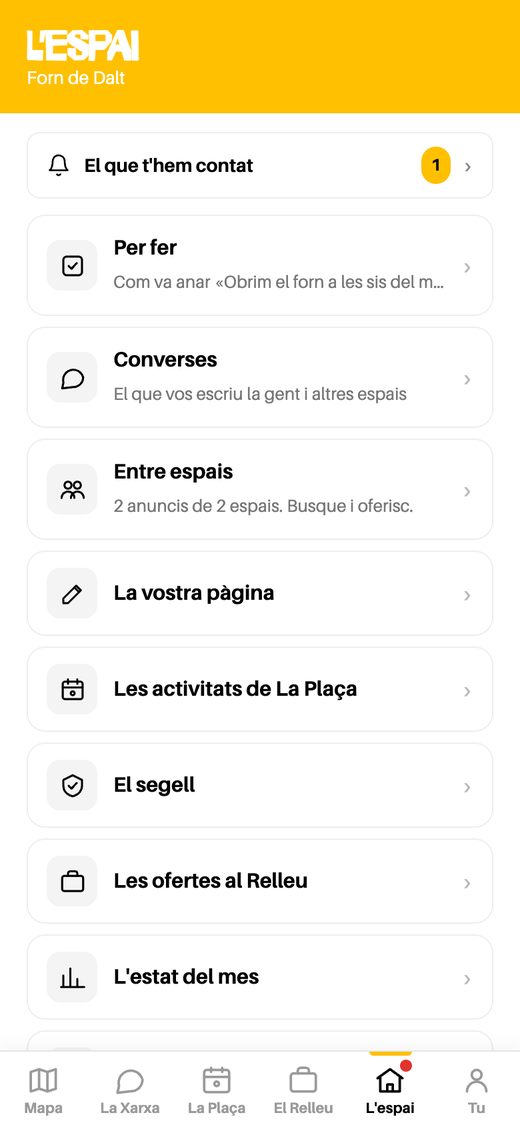 La pestanya L'espai de l'app, vista per un espai